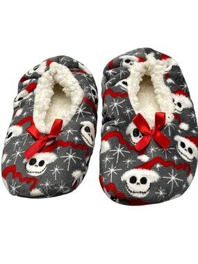 Disney slippers gray jack skelington print soft red bows childs one size READ